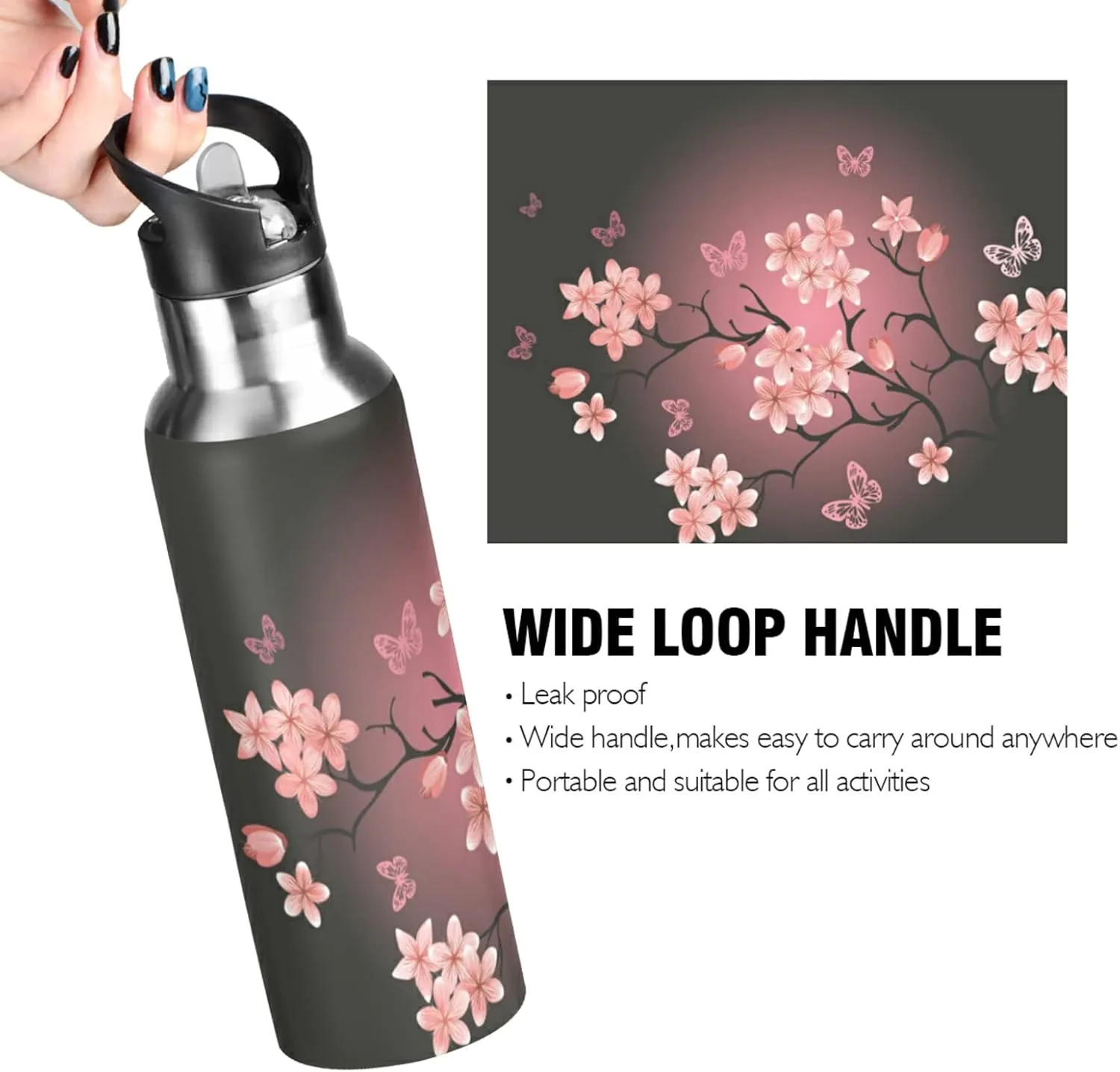ALAZA Cherry Blossom Pattern Water Bottle with Straw Lid Vacuum Insulated Stainless Steel Thermo Flask Water Bottle 32oz 130