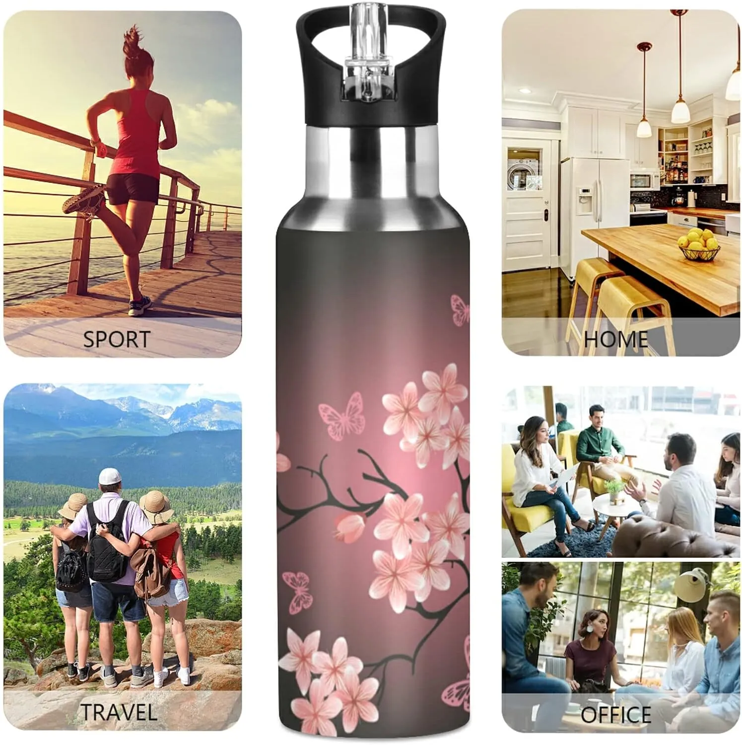 ALAZA Cherry Blossom Pattern Water Bottle with Straw Lid Vacuum Insulated Stainless Steel Thermo Flask Water Bottle 32oz 130