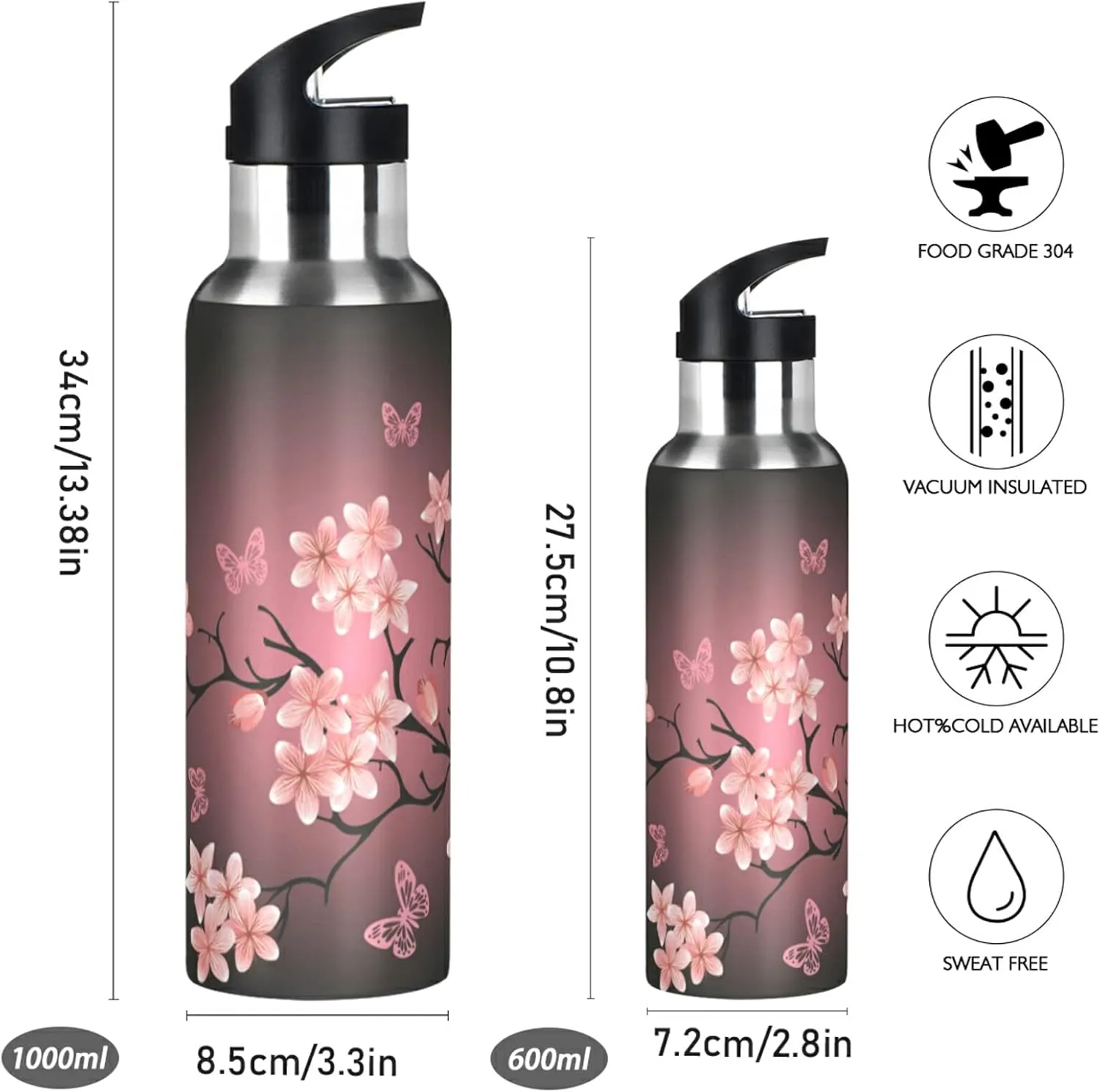ALAZA Cherry Blossom Pattern Water Bottle with Straw Lid Vacuum Insulated Stainless Steel Thermo Flask Water Bottle 32oz 130