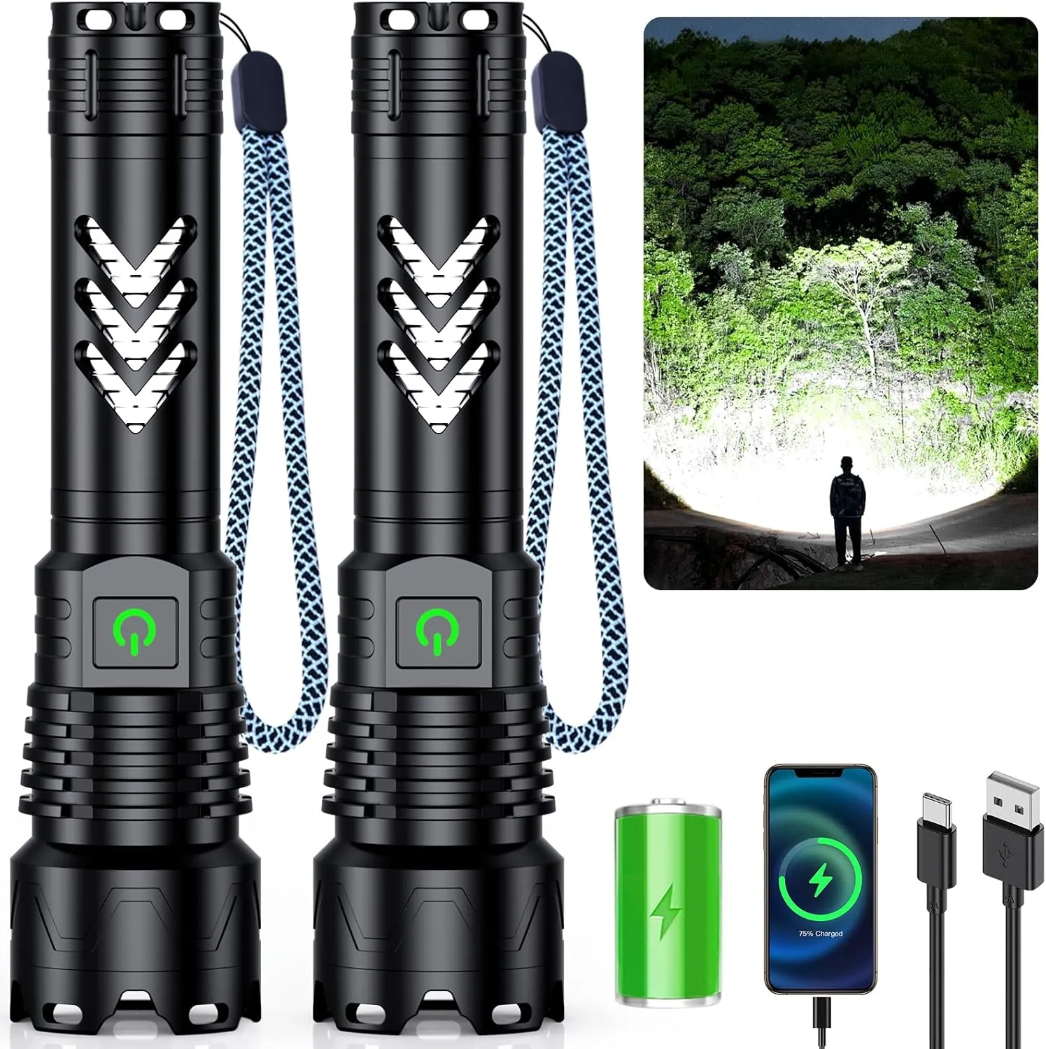 Alifa Flashlights High Lumens Rechargeable, 2Pack Rechargeable Flashlight, 990000lm Super Bright Flashlight, 5Mode Tactical Flashlights High Lumens, LED Flashlight High Powered,IP65Waterproof