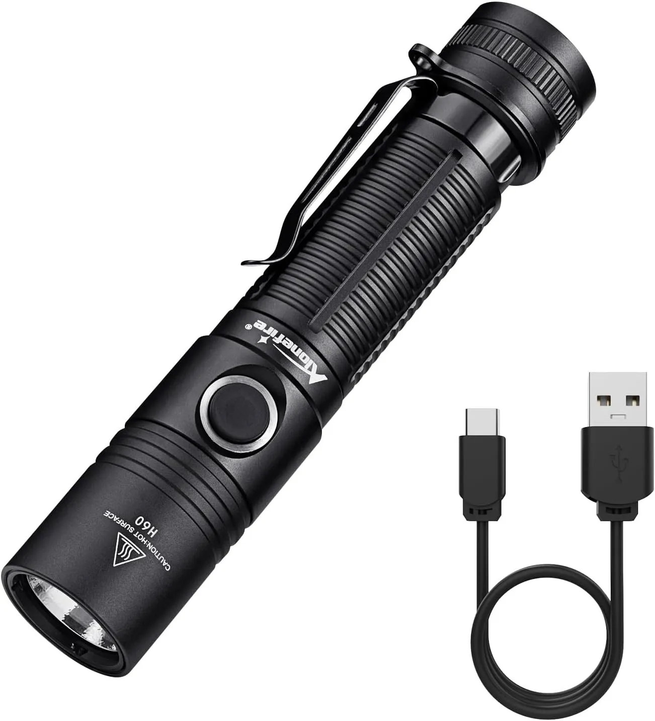 ALONEFIRE H60 LED Flashlight 1800 High Lumens Super Bright USB C Rechargeable 6 Adjustable Modes Waterproof Flash Light with Battery, Lanyard for Camping Emergency Hiking Home(Black)