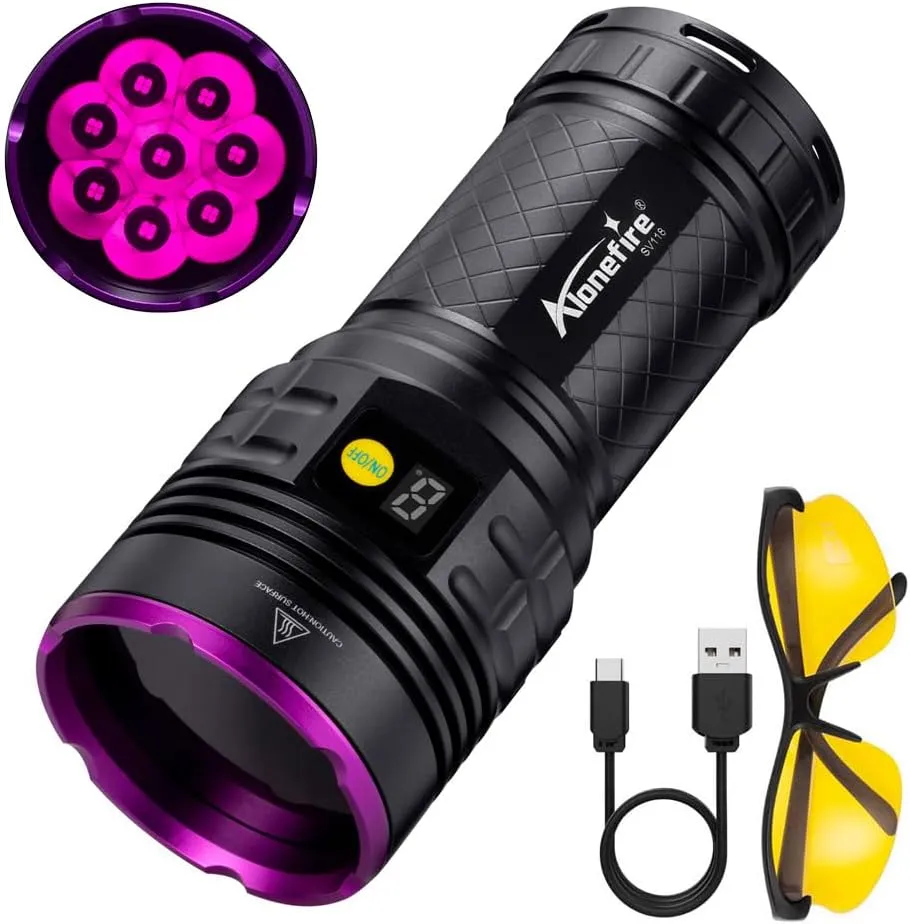 ALONEFIRE SV118 365nm UV Flashlight 80W Powerful Blacklight Digital Display USB C Rechargeable Black Light for Pet Urine Detector, Scorpion, Resin, Bed Bug, Fishing with UV Protective Glasses, Battery