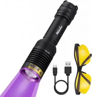 ALONEFIRE SV90 365nm UV Flashlight Zoom 15W Type C USB Rechargeable Black Light Money Detector for Resin Curing, Pet Urine, Scorpion, Fishing, Mineral, Cure Glue with UV Protective Glasses, Battery