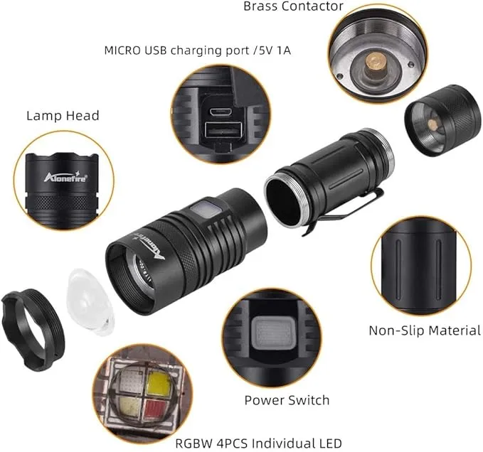 ALONEFIRE X37 4 Color Tactical Multicolor LED Flashlight White Blue Green Red 4 Light RGB USB Rechargeable with Charging Indicator, Power Outlet, Battery Included for Tracking Hunting Fishing