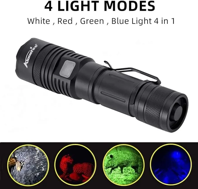 ALONEFIRE X37 4 Color Tactical Multicolor LED Flashlight White Blue Green Red 4 Light RGB USB Rechargeable with Charging Indicator, Power Outlet, Battery Included for Tracking Hunting Fishing