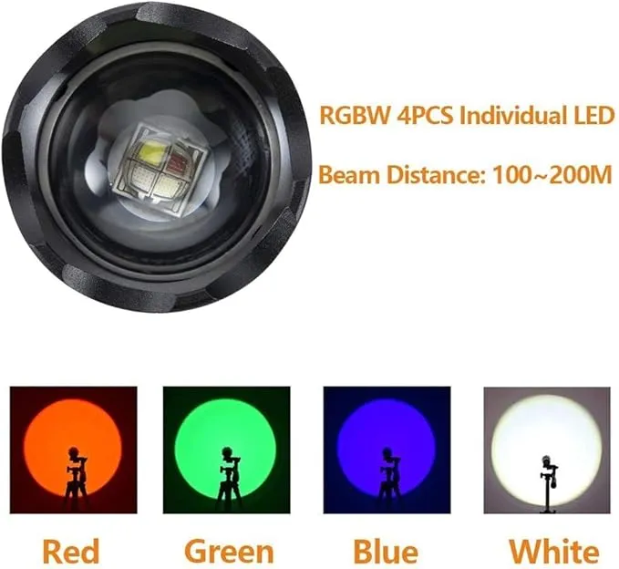 ALONEFIRE X37 4 Color Tactical Multicolor LED Flashlight White Blue Green Red 4 Light RGB USB Rechargeable with Charging Indicator, Power Outlet, Battery Included for Tracking Hunting Fishing