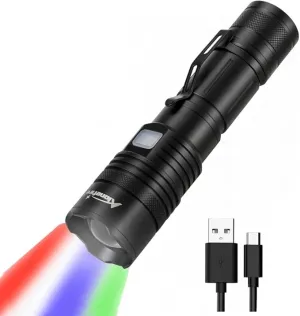 ALONEFIRE X37 4 Color Tactical Multicolor LED Flashlight White Blue Green Red 4 Light RGB USB Rechargeable with Charging Indicator, Power Outlet, Battery Included for Tracking Hunting Fishing