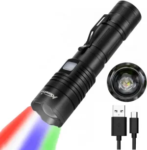 ALONEFIRE X37 Multicolor LED Flashlight 4 Color Change White Blue Green Red Light RGB USB Rechargeable Zoom Waterproof with Reverse Charging, Rechargeable Battery for Tracking Deer Hunting Fishing