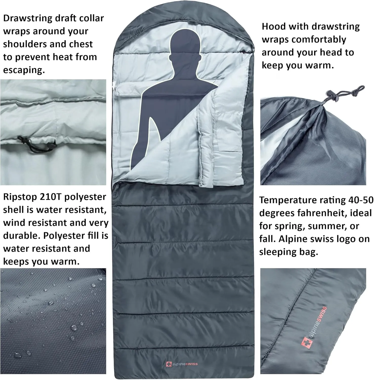 Alpine Swiss 0°C (32°F) Sleeping Bag Lightweight Waterproof with Compression Sack Adults All Seasons Camping Hiking Backpacking Travel Outdoor Indoor