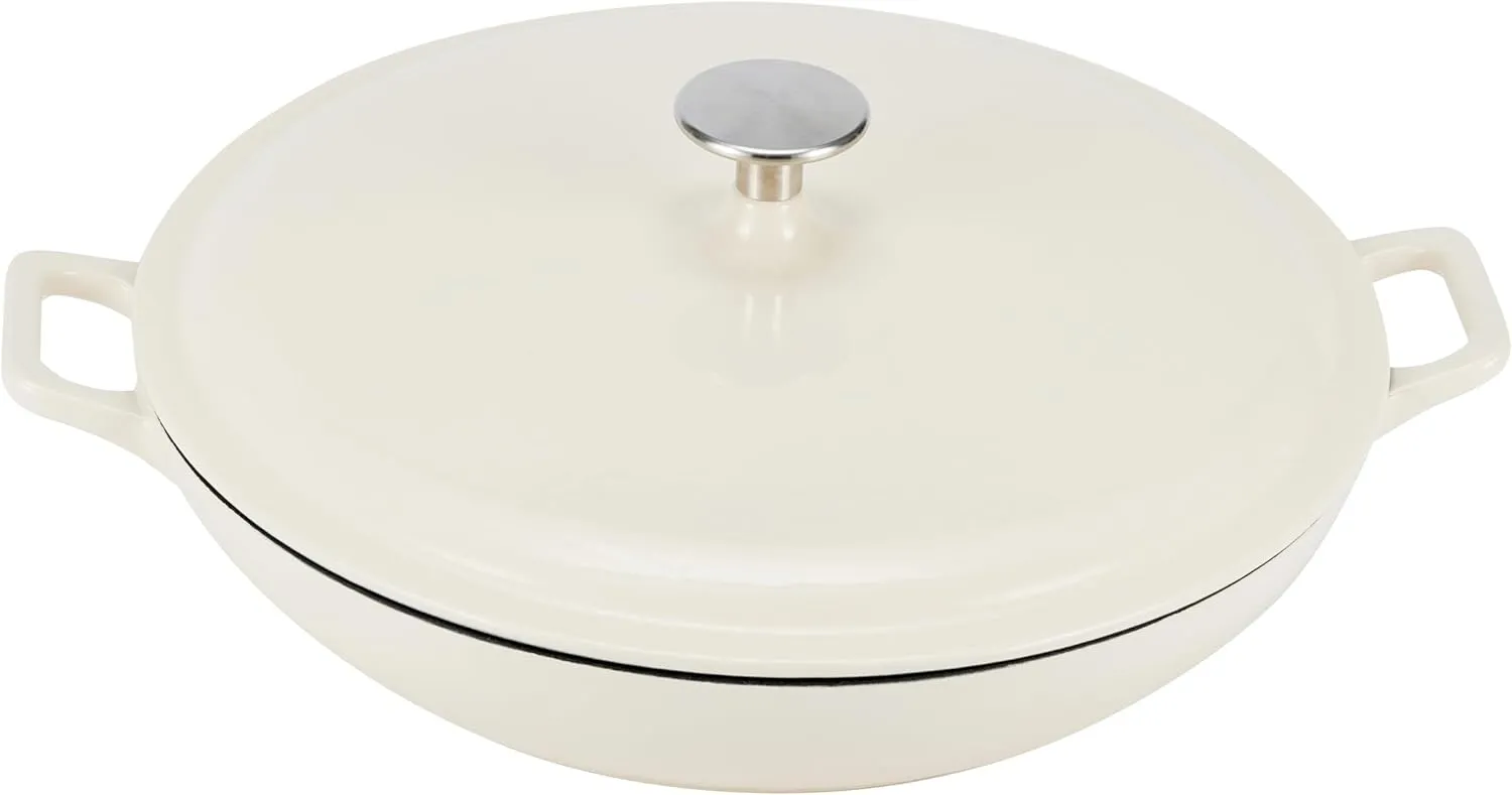 Amazon Basics Enameled Cast Iron Covered Round Casserole Skillet with Lid for Oven, 3.3-Quart, White