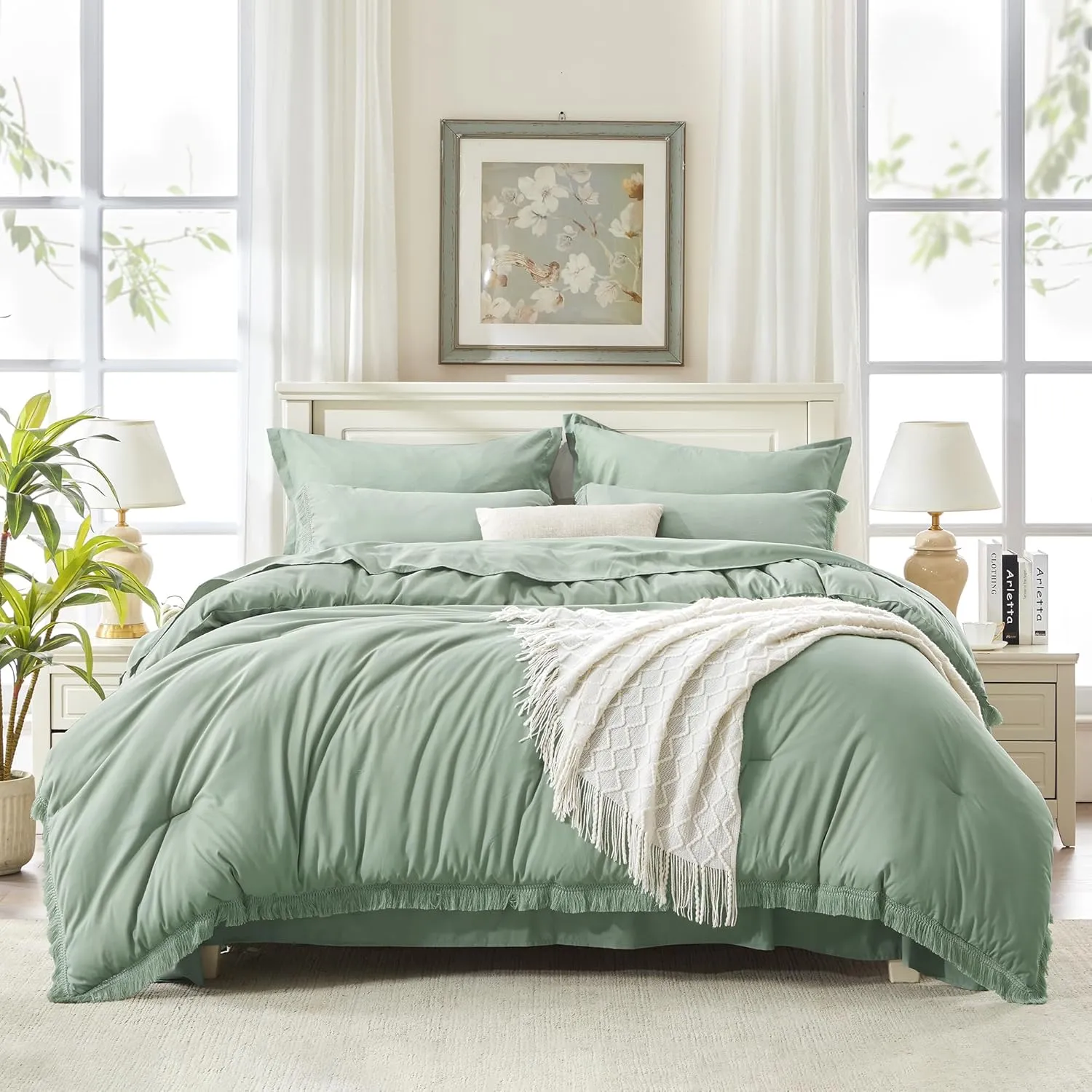 Andency Full Size Comforter Set Sage Green -7 Pieces Boho Tassel Bed in a Bag Soft Lightweight Bedding Sets, All Season Fringe Bed Set with Comforter, Sheets, Pillowcases & Shams