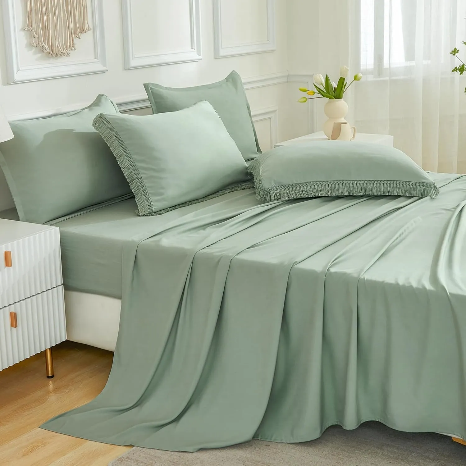 Andency Full Size Comforter Set Sage Green -7 Pieces Boho Tassel Bed in a Bag Soft Lightweight Bedding Sets, All Season Fringe Bed Set with Comforter, Sheets, Pillowcases & Shams