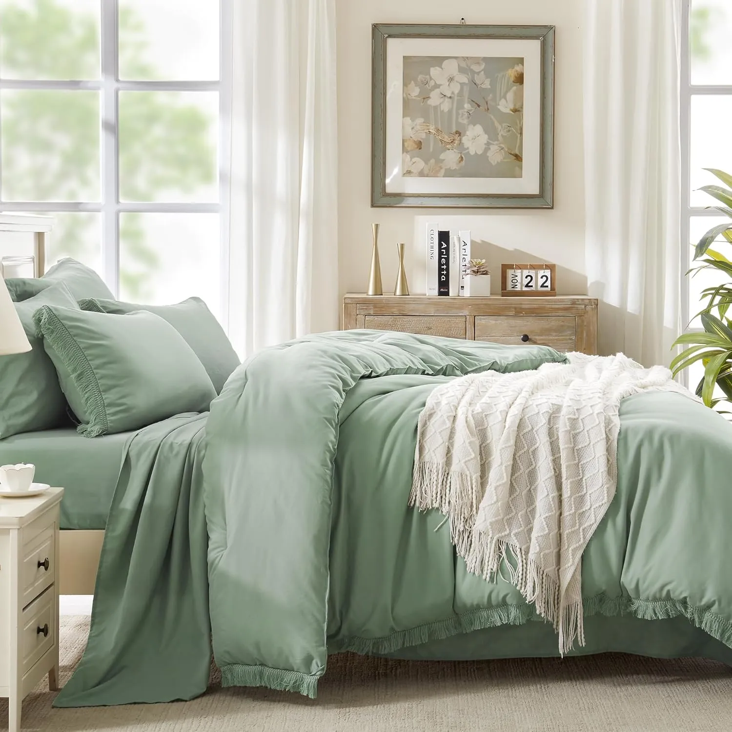 Andency Full Size Comforter Set Sage Green -7 Pieces Boho Tassel Bed in a Bag Soft Lightweight Bedding Sets, All Season Fringe Bed Set with Comforter, Sheets, Pillowcases & Shams