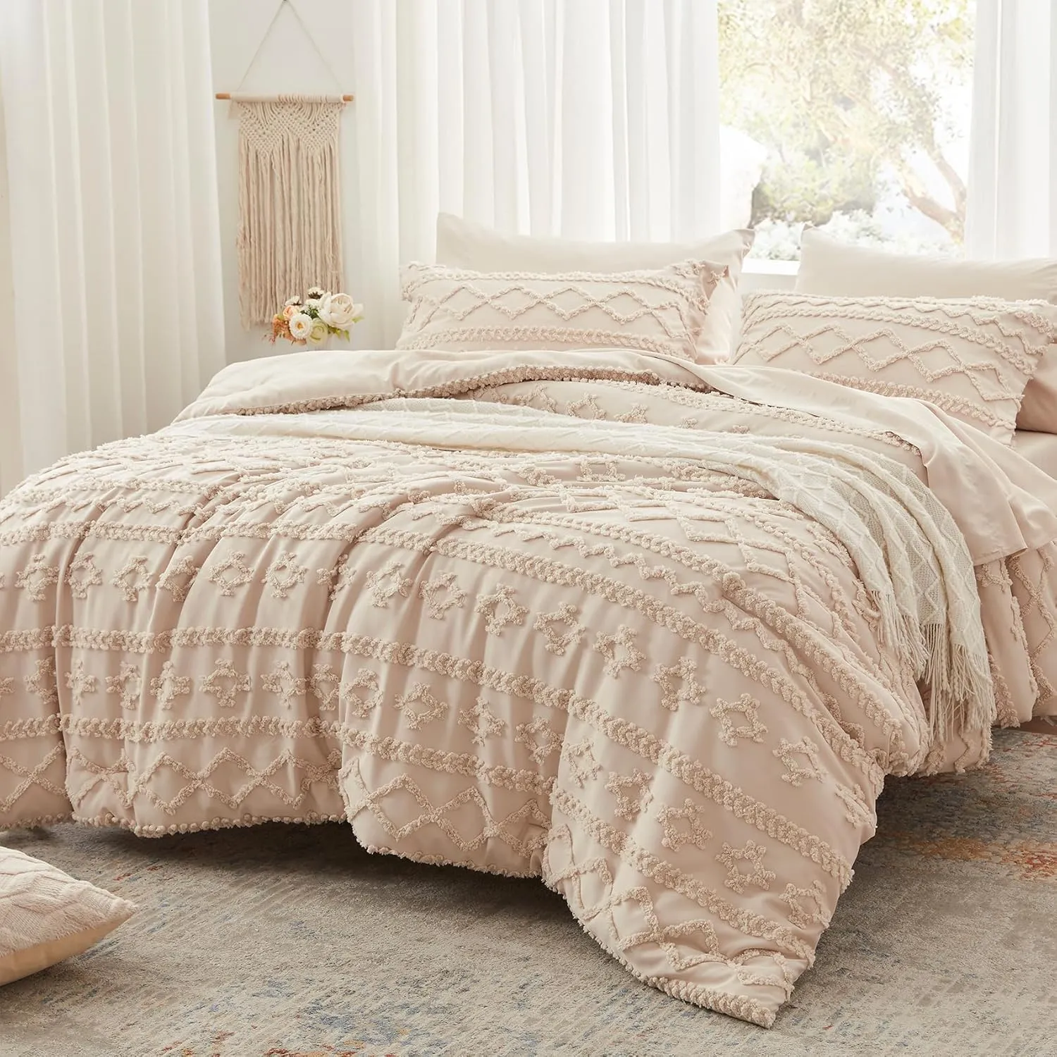 Anluoer Queen Comforter Set 7 Pieces, Beige Tufted Bed in a Bag with comforters and Sheets, All Season Bedding Sets with 1 Comforter, 2 PillowShams, 2 Pillowcases, 1 Flat Sheet, 1 Fitted Sheet