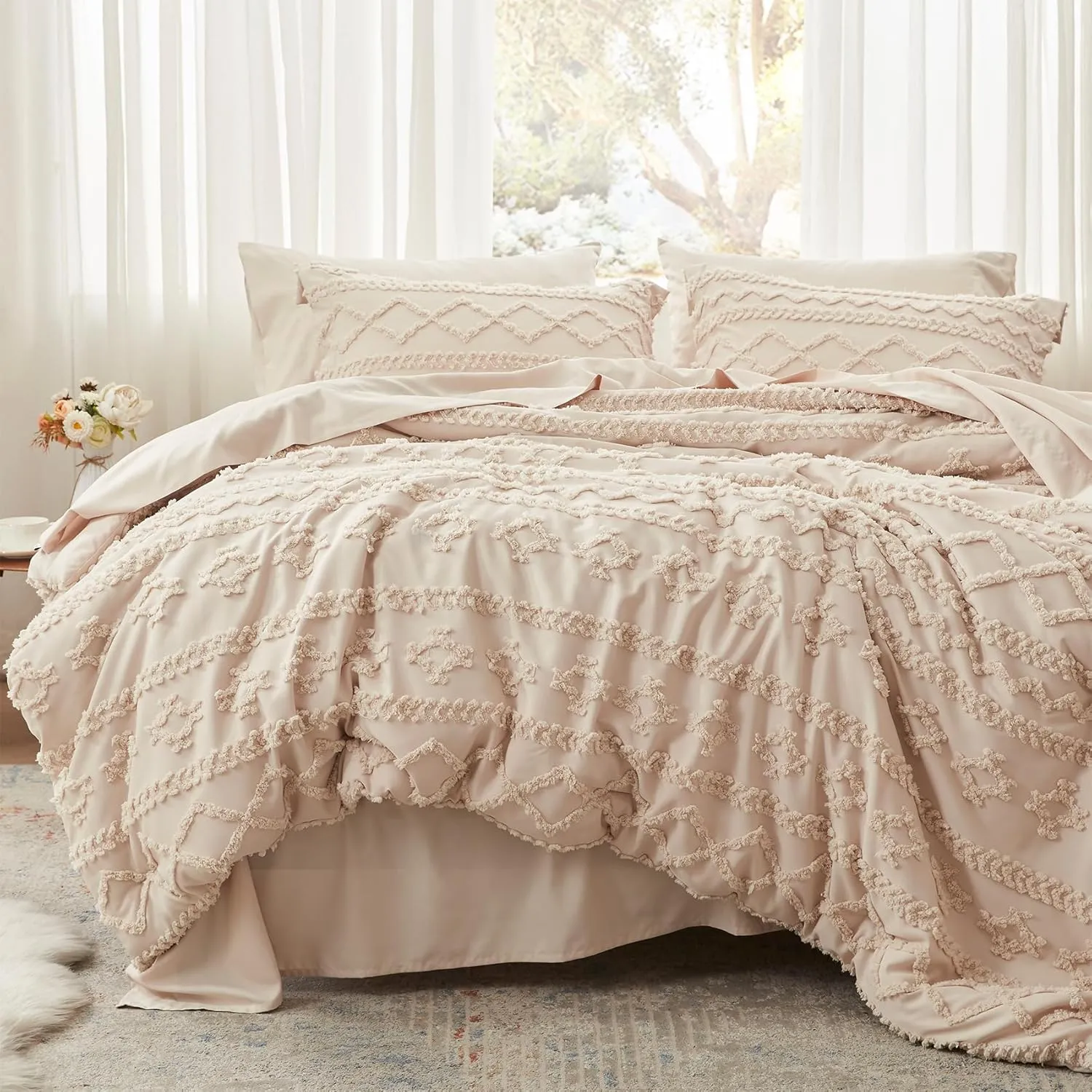 Anluoer Queen Comforter Set 7 Pieces, Beige Tufted Bed in a Bag with comforters and Sheets, All Season Bedding Sets with 1 Comforter, 2 PillowShams, 2 Pillowcases, 1 Flat Sheet, 1 Fitted Sheet