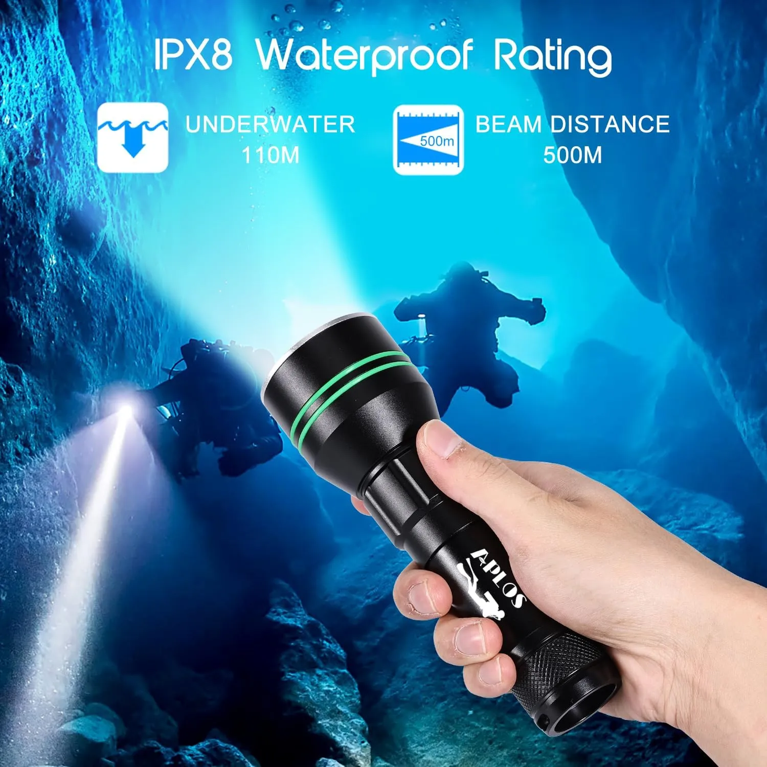 APLOS AP50 Scuba Diving Flashlight, Dive Torch 5000 Lumen Super Bright Flash Lights, IPX8 Underwater Waterproof Night Dive Torch 110 Meters Submersible Light