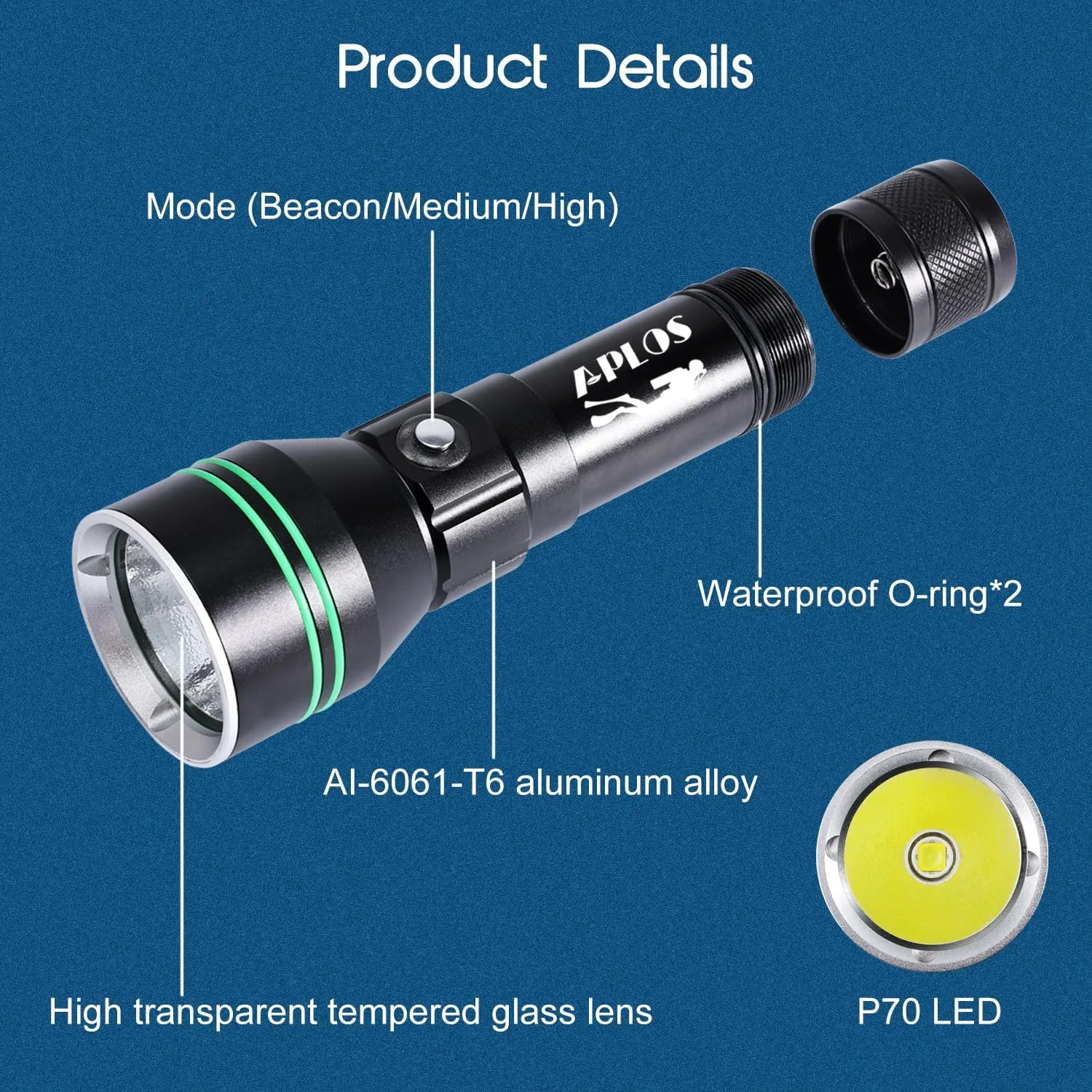 APLOS AP50 Scuba Diving Flashlight, Dive Torch 5000 Lumen Super Bright Flash Lights, IPX8 Underwater Waterproof Night Dive Torch 110 Meters Submersible Light