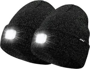 ATNKE 2Pcs LED Lighted Beanie Hat,USB Rechargeable 4 LED Running Headlamp Bright Cap with Light Gifts for Men and Women