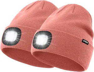 ATNKE 2Pcs LED Lighted Beanie Hat,USB Rechargeable 4 LED Running Headlamp Bright Cap with Light Gifts for Men and Women