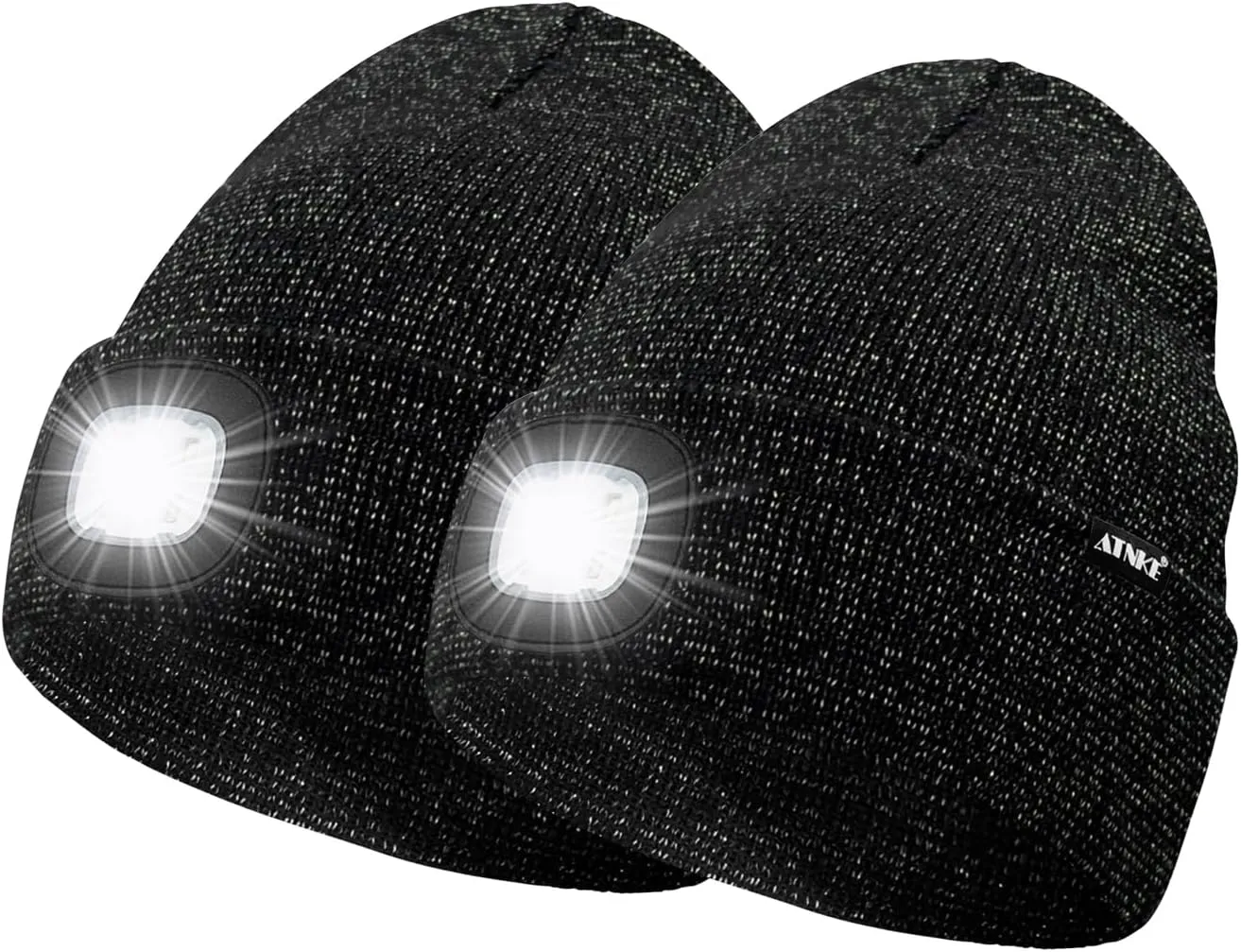 ATNKE 2Pcs LED Lighted Beanie Hat,USB Rechargeable 4 LED Running Headlamp Bright Cap with Light Gifts for Men and Women
