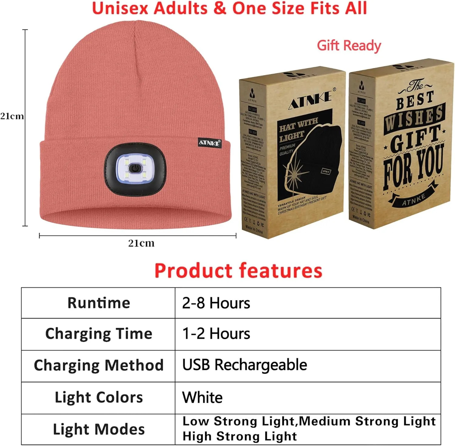 ATNKE 2Pcs LED Lighted Beanie Hat,USB Rechargeable 4 LED Running Headlamp Bright Cap with Light Gifts for Men and Women