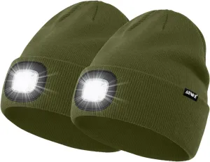 ATNKE 2Pcs LED Lighted Beanie Hat,USB Rechargeable 4 LED Running Headlamp Bright Cap with Light Gifts for Men and Women
