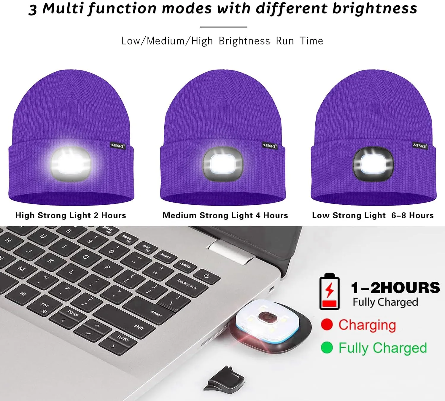 ATNKE LED Beanie with The Light, Unisex USB Rechargeable 4 LED Running Headlamp Bright Caps Gifts for Men Dad and Women