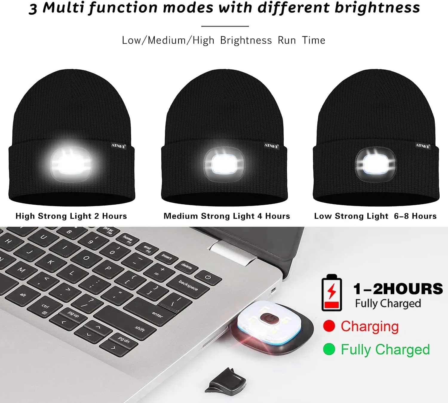 ATNKE LED Beanie with The Light, Unisex USB Rechargeable 4 LED Running Headlamp Bright Caps Gifts for Men Dad and Women
