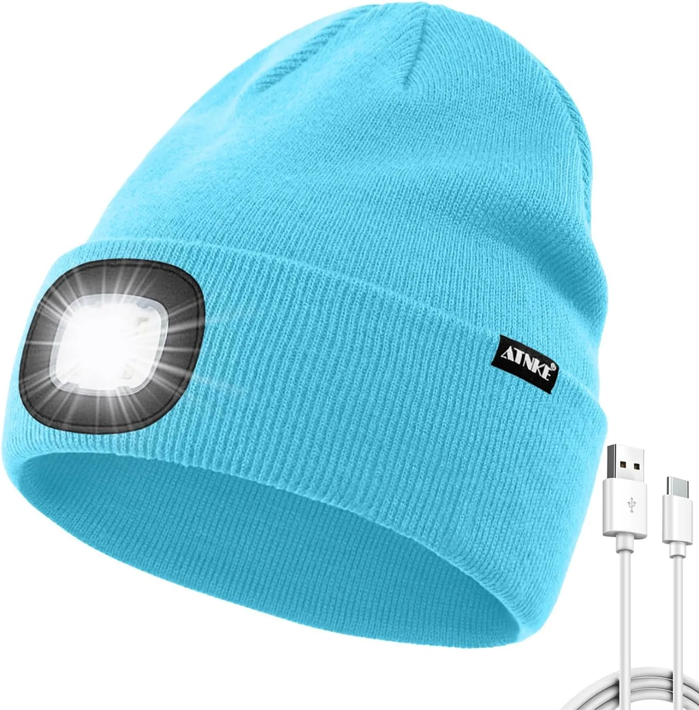 ATNKE LED Beanie with The Light, USB Type C Rechargeable 4 LED Running Headlamp Bright Caps Gifts for Men Dad and Women