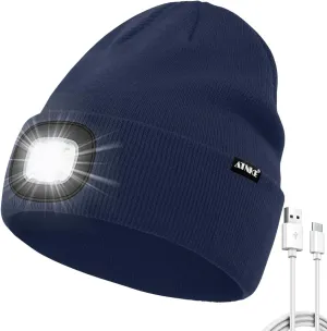 ATNKE LED Beanie with The Light, USB Type C Rechargeable 4 LED Running Headlamp Bright Caps Gifts for Men Dad and Women