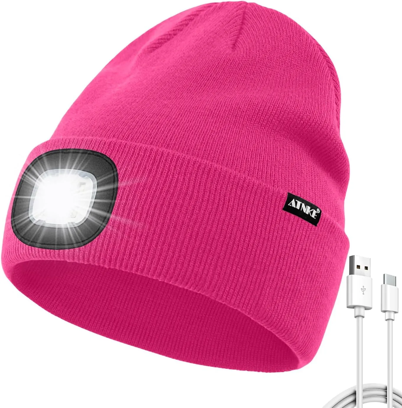 ATNKE LED Beanie with The Light, USB Type C Rechargeable 4 LED Running Headlamp Bright Caps Gifts for Men Dad and Women