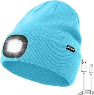 ATNKE LED Beanie with The Light, USB Type C Rechargeable 4 LED Running Headlamp Bright Caps Gifts for Men Dad and Women