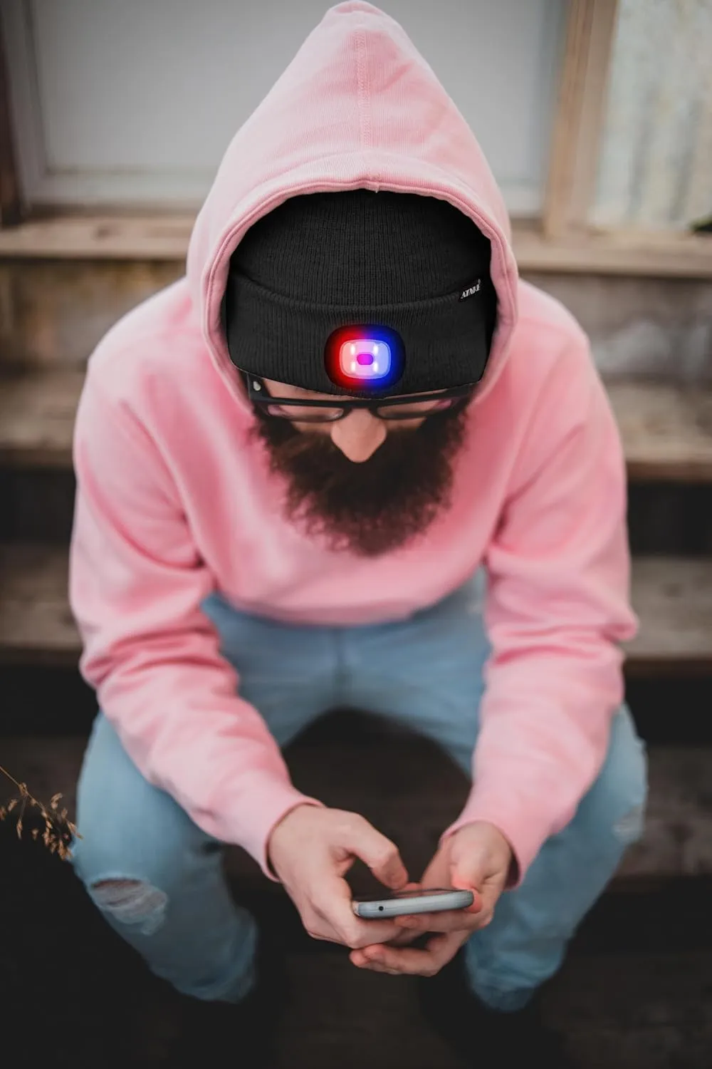 ATNKE LED Lighted Beanie Hat,USB Rechargeable 4 LED Red and Blue Flashed Run Headlamp Lined Fleece Cap for Men and Women