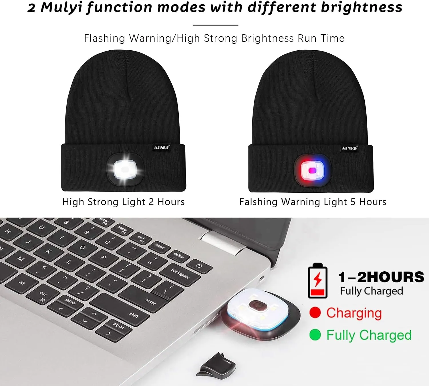 ATNKE LED Lighted Beanie Hat,USB Rechargeable 4 LED Red and Blue Flashed Run Headlamp Lined Fleece Cap for Men and Women