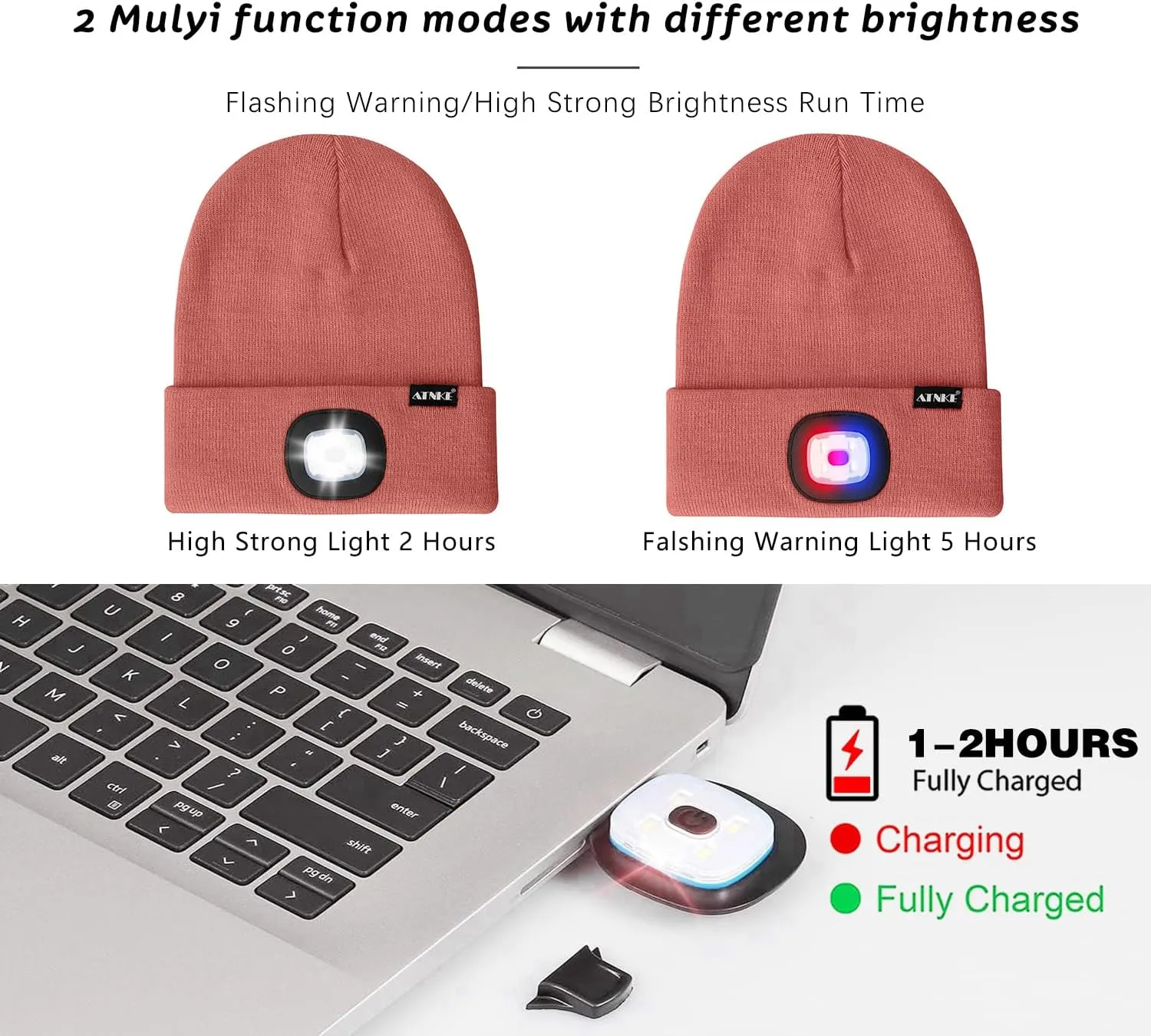 ATNKE LED Lighted Beanie Hat,USB Rechargeable 4 LED Red and Blue Flashed Run Headlamp Lined Fleece Cap for Men and Women