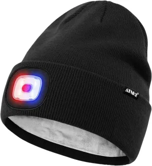 ATNKE LED Lighted Beanie Hat,USB Rechargeable 4 LED Red and Blue Flashed Run Headlamp Lined Fleece Cap for Men and Women
