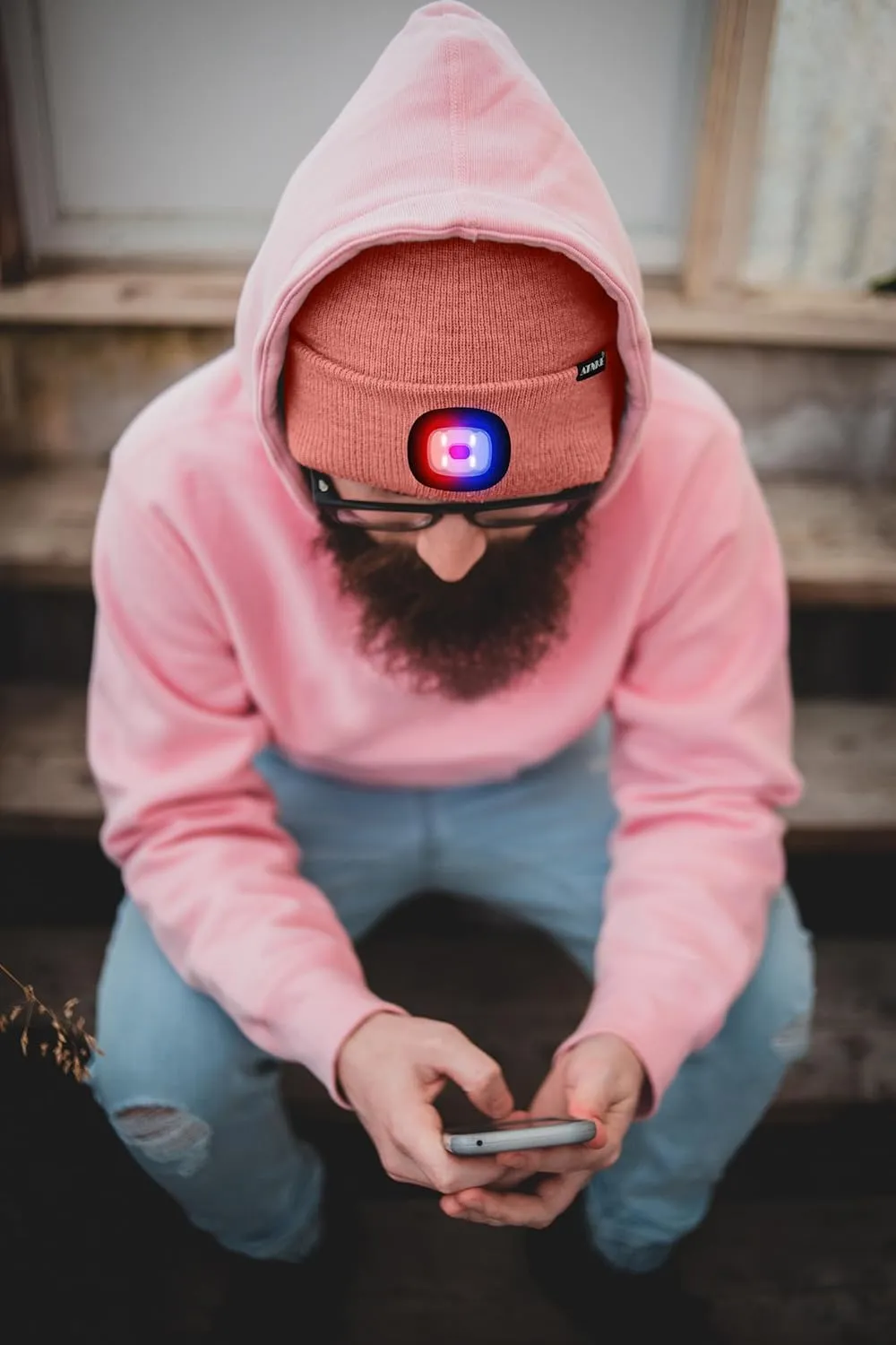 ATNKE LED Lighted Beanie Hat,USB Rechargeable 4 LED Red and Blue Flashed Run Headlamp Lined Fleece Cap for Men and Women