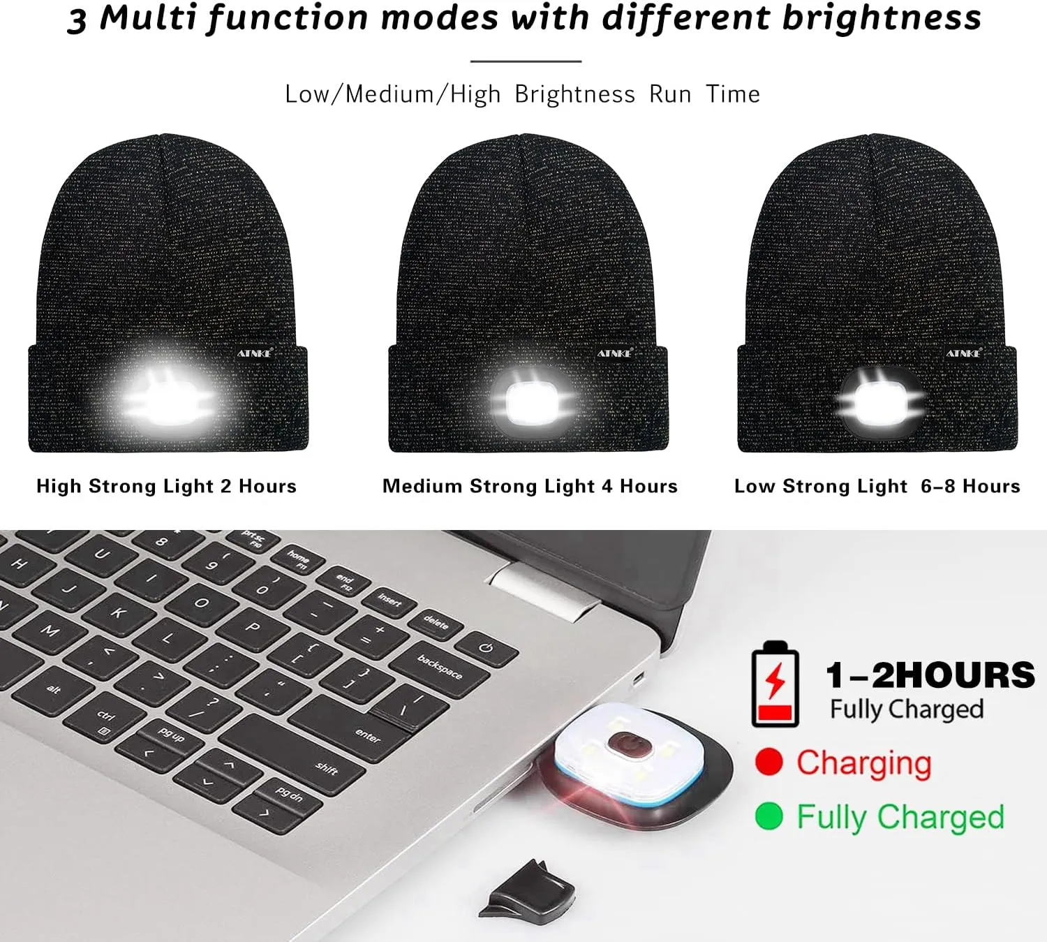 ATNKE LED Lighted Beanie Hat,USB Rechargeable 4 LED Running Headlamp Lined Fleece Cap with Light Gift for Men and Women