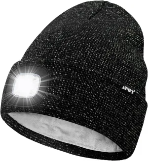 ATNKE LED Lighted Beanie Hat,USB Rechargeable 4 LED Running Headlamp Lined Fleece Cap with Light Gift for Men and Women