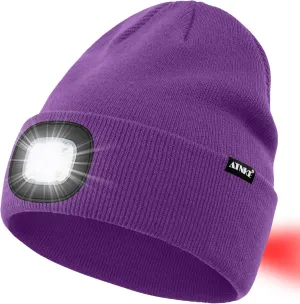 ATNKE LED Lighted Beanie Hat,USB Rechargeable 8 LED Red Glow Flashing Alarm Running Headlamp Cap Gifts for Men and Women