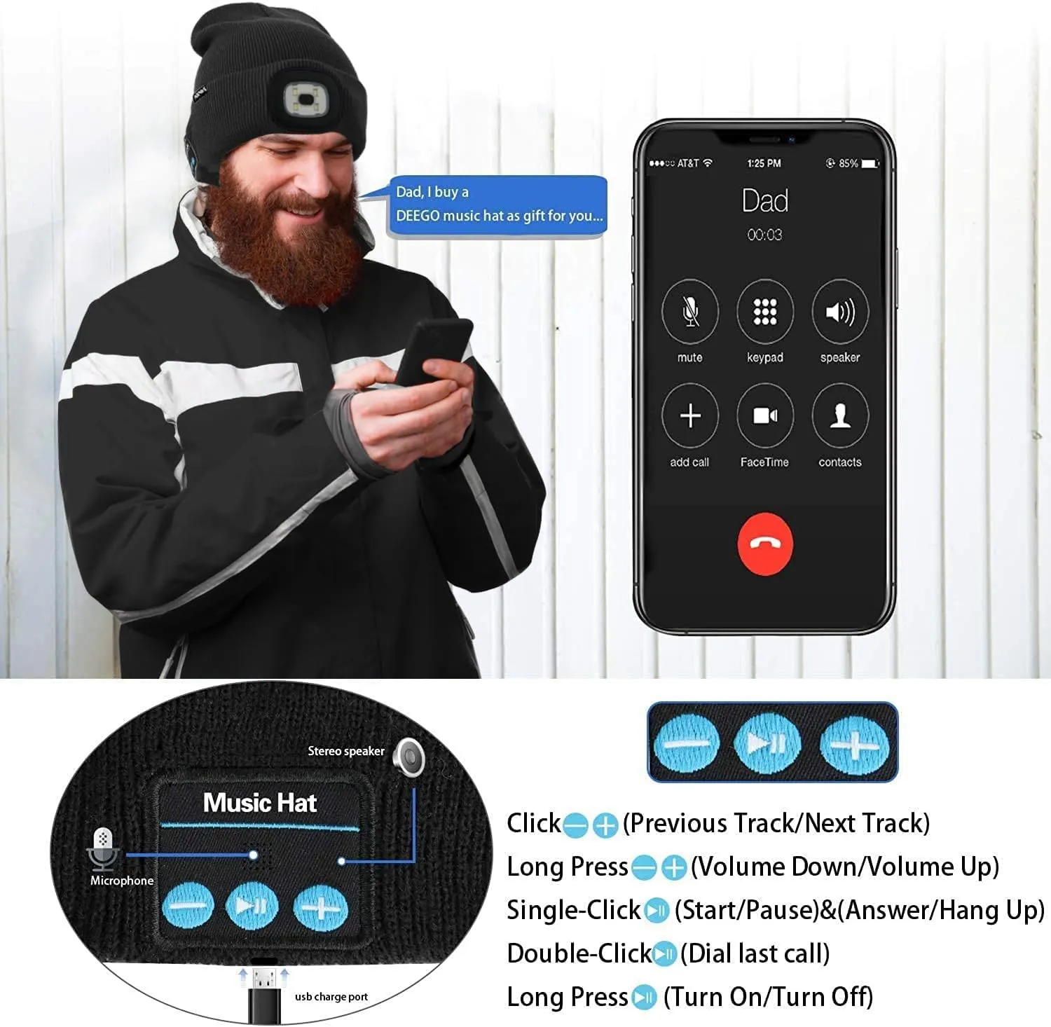 ATNKE LED Lighted Bluetooth Beanie Hat,USB Rechargeable 4 LED Wireless Music Running Headlamp Cap Gift for Men and Women