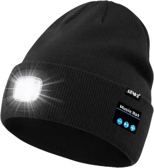 ATNKE LED Lighted Bluetooth Beanie Hat,USB Rechargeable 4 LED Wireless Music Running Headlamp Cap Gift for Men and Women