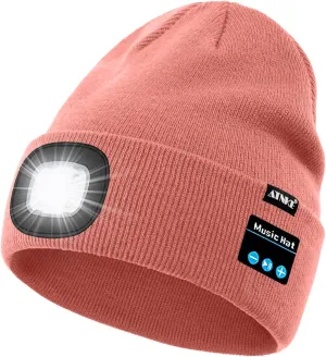 ATNKE LED Lighted Bluetooth Beanie Hat,USB Rechargeable 4 LED Wireless Music Running Headlamp Cap Gift for Men and Women