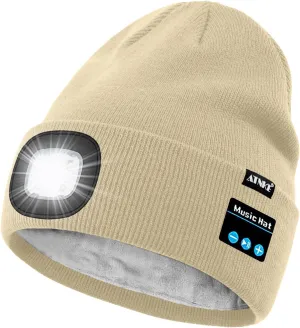 ATNKE LED Lighted Bluetooth Beanie Hat,USB Rechargeable 4 LED Wireless Run Headlamp Lined Fleece Cap for Men and Women