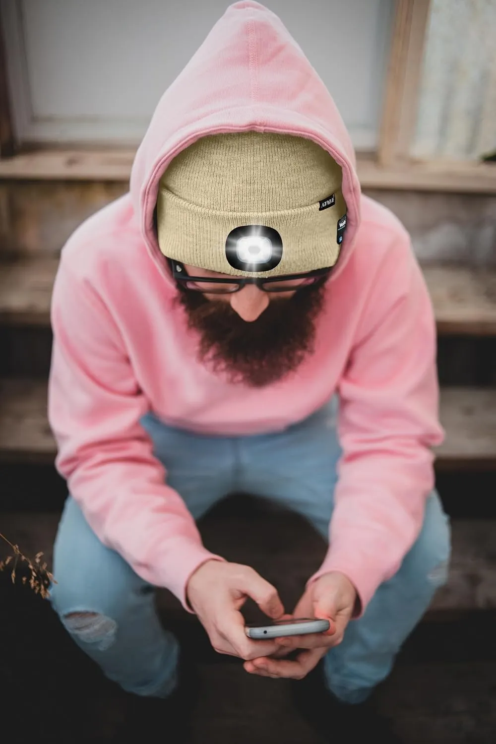 ATNKE LED Lighted Bluetooth Beanie Hat,USB Rechargeable 4 LED Wireless Run Headlamp Lined Fleece Cap for Men and Women