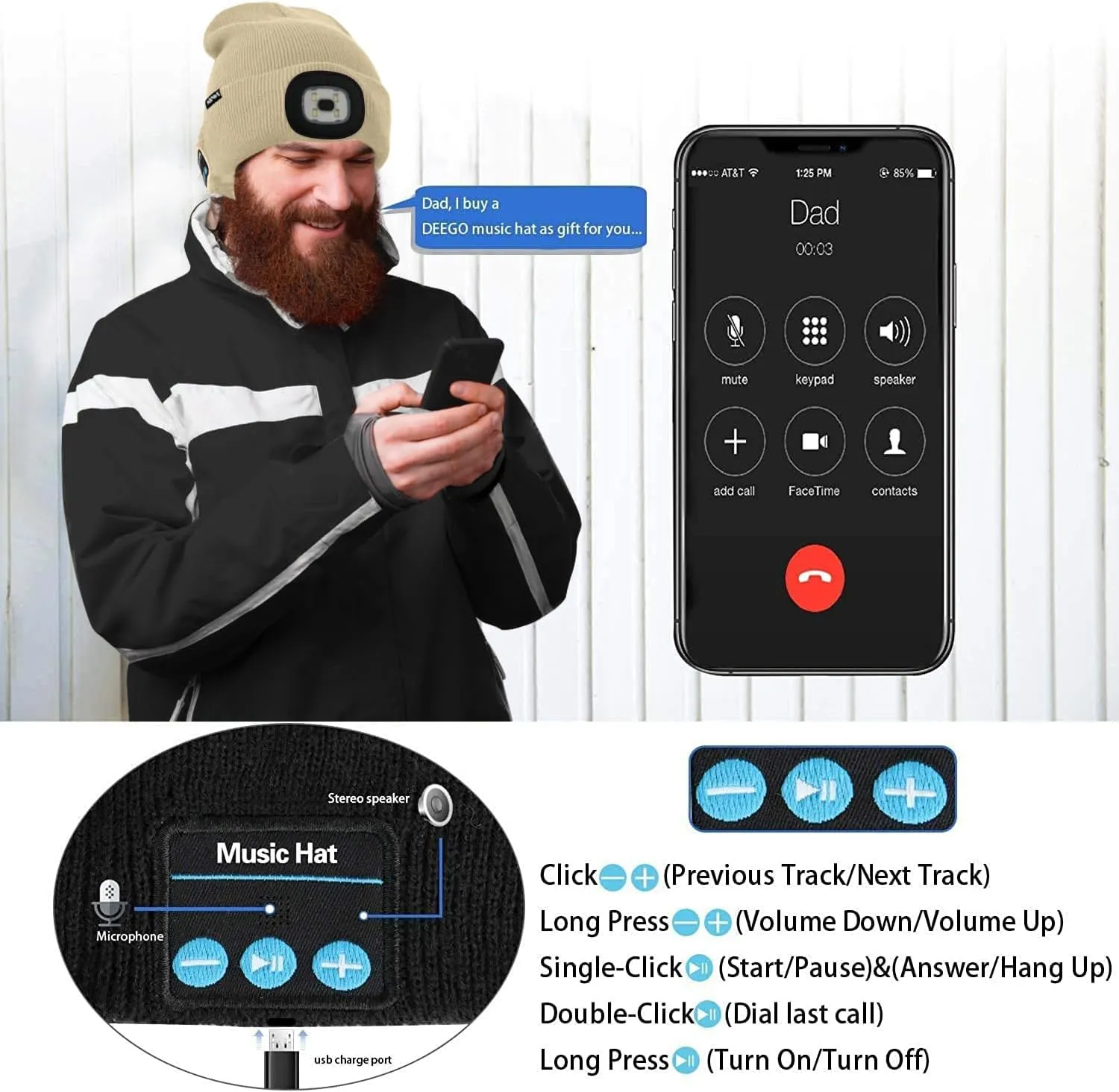 ATNKE LED Lighted Bluetooth Beanie Hat,USB Rechargeable 4 LED Wireless Run Headlamp Lined Fleece Cap for Men and Women
