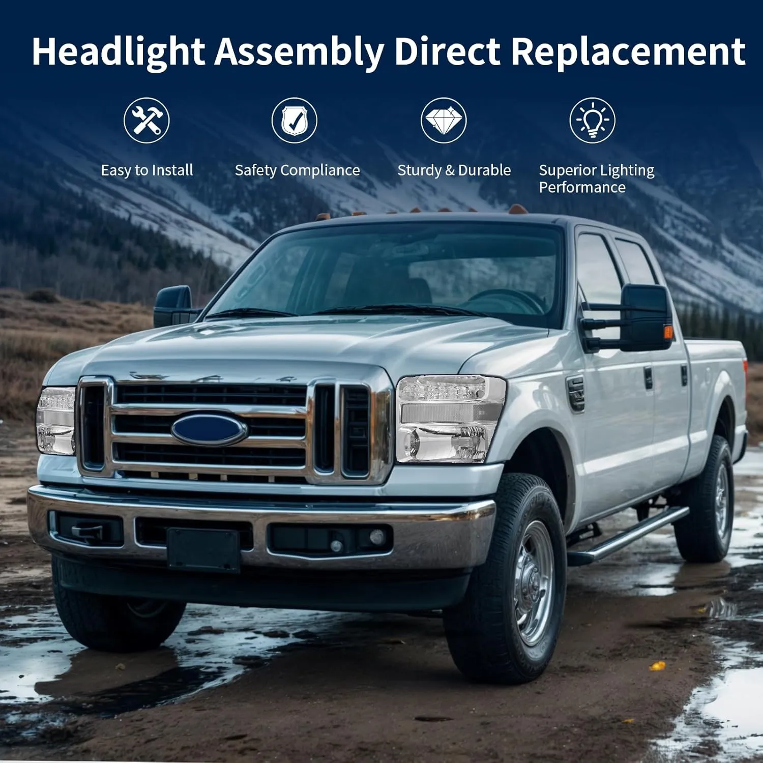 AUTOSAVER88 Headlight Assembly Compatible with 2008-2010 Ford F250 F350 F450 Super Duty Headlamp Chrome Housing Clear Len