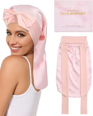 AWAYTR 100% Mulberry Silk Bonnet - Long Hair Cap for Sleeping Tie Band Bonnet for Braids Curly Hair