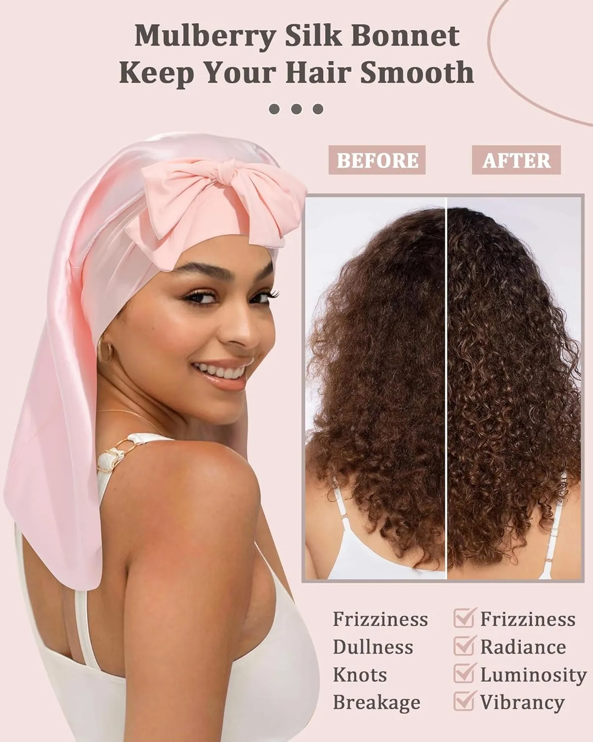 AWAYTR 100% Mulberry Silk Bonnet - Long Hair Cap for Sleeping Tie Band Bonnet for Braids Curly Hair