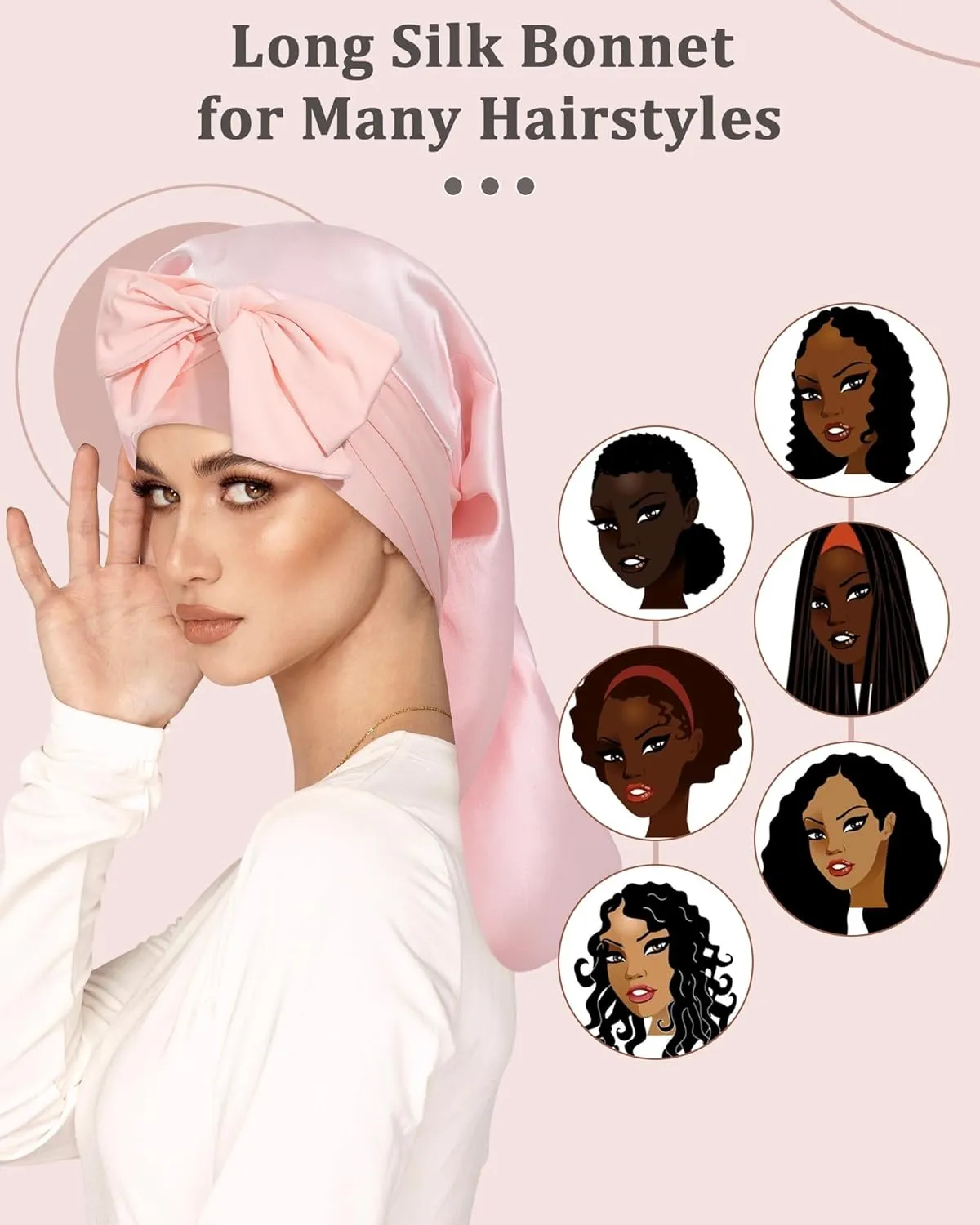 AWAYTR 100% Mulberry Silk Bonnet - Long Hair Cap for Sleeping Tie Band Bonnet for Braids Curly Hair